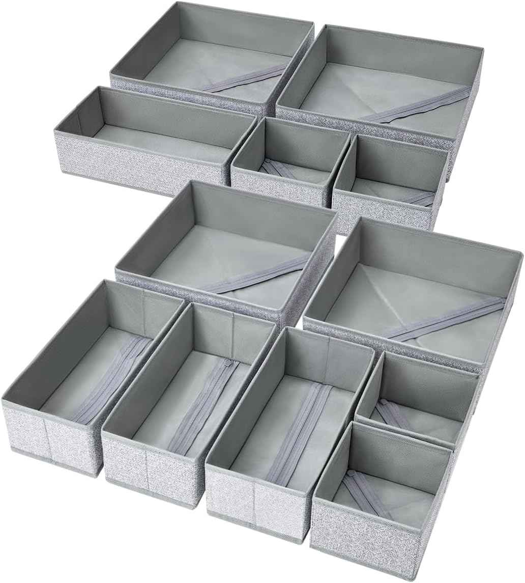 DIMJ Drawer Organizer Clothes, 12 Pack Dresser Organizer, Foldable Closet Organizers and Storage, Fabric Dresser Bins, Drawer Dividers for Nursery, Baby Clothes, Underwears, Sock (Beige)