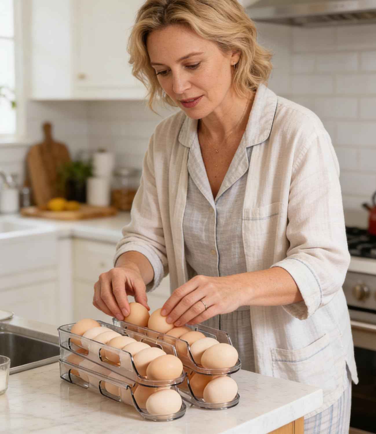 Automatic Rolling Egg Holder for Fridge Clear Countertop Kitchen Storager Container Organizer Dispenser for Refrigerator Stackable Removable, Egg Accessories - (2 pcs of 1-Tire, Stackable)