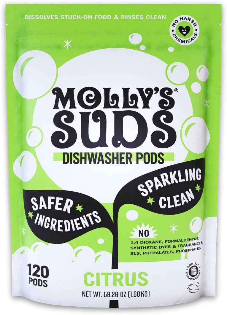 Molly's Suds Dishwasher Pods | Clean Dishwasher Detergent, Cuts Grease & Rinses Clean (Residue-Free) for Sparkling Dishes | 60 Auto-Release Tabs (Unscented)