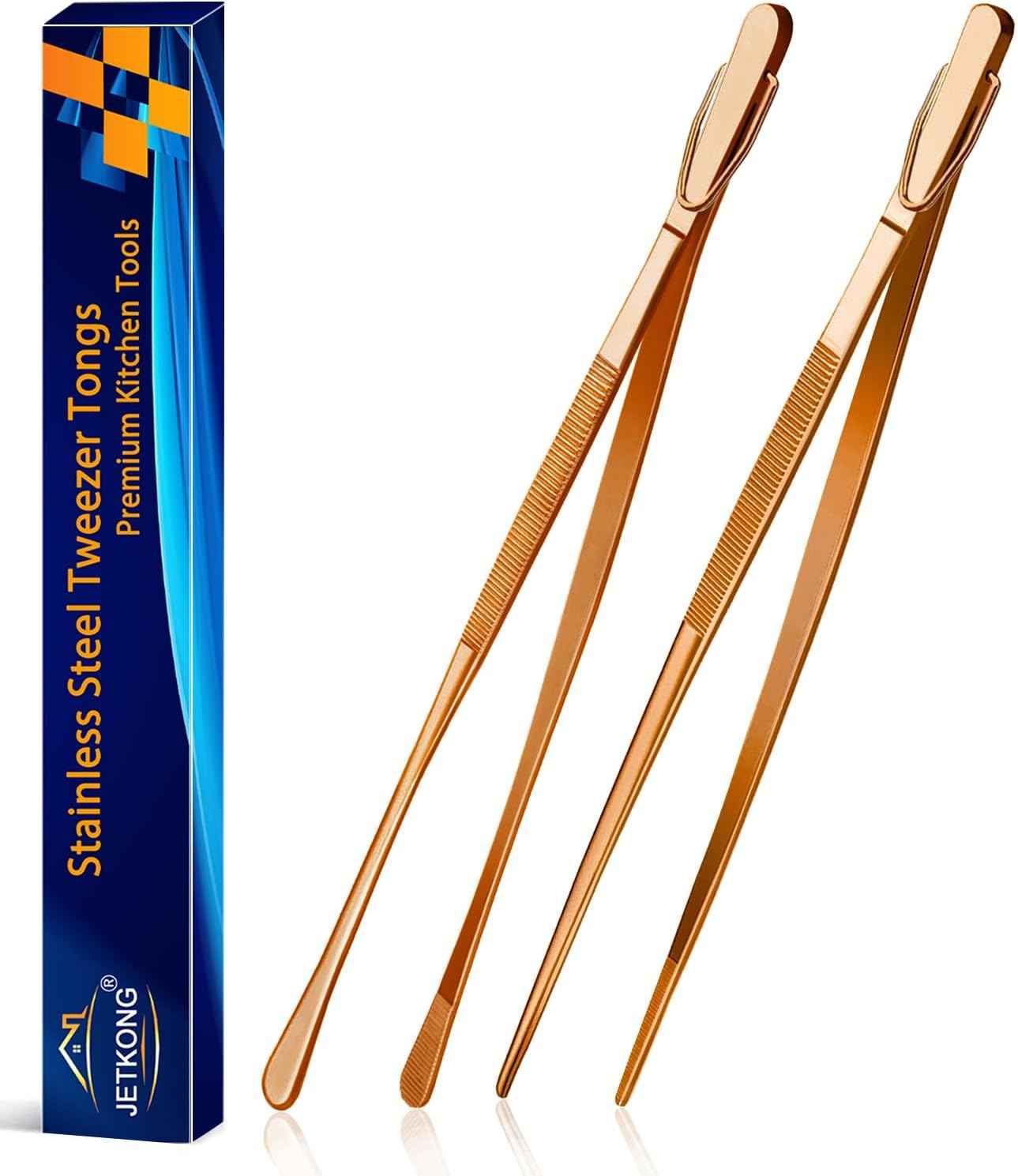 JETKONG 2 Pcs 12-Inch Kitchen Tweezers Fine Tweezer Tongs, Extra-Long Stainless Steel Cooking Tweezers (Silver)