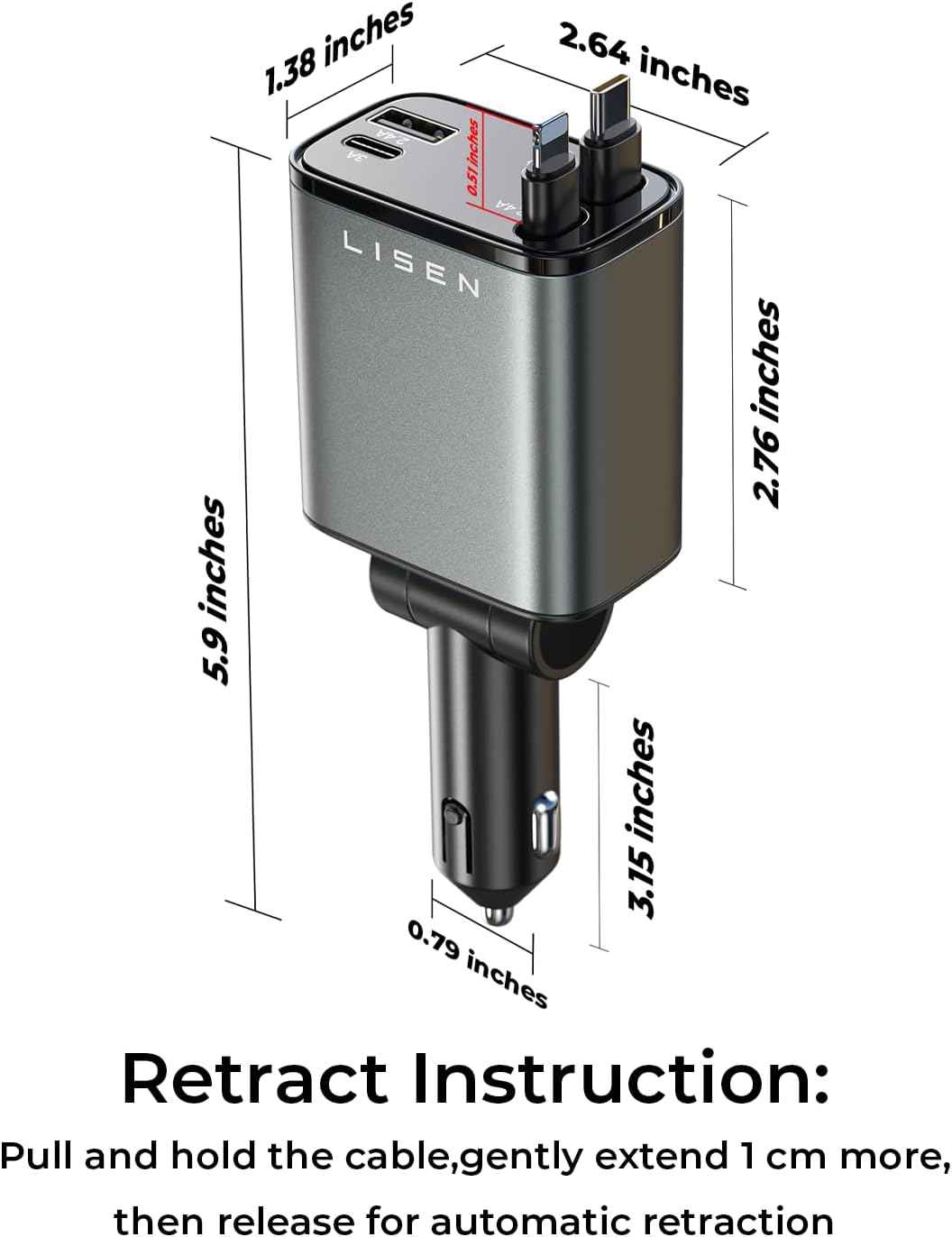 LISEN Retractable Car Charger, Birthday Gifts for Men Tech Gadgets 2026, 69W Cars Adapter USB C Fast Charger for iPhone 17, Car Accessories for Men Women Drivers, for iPhone 17 Pro Max Air 16 15 14 13