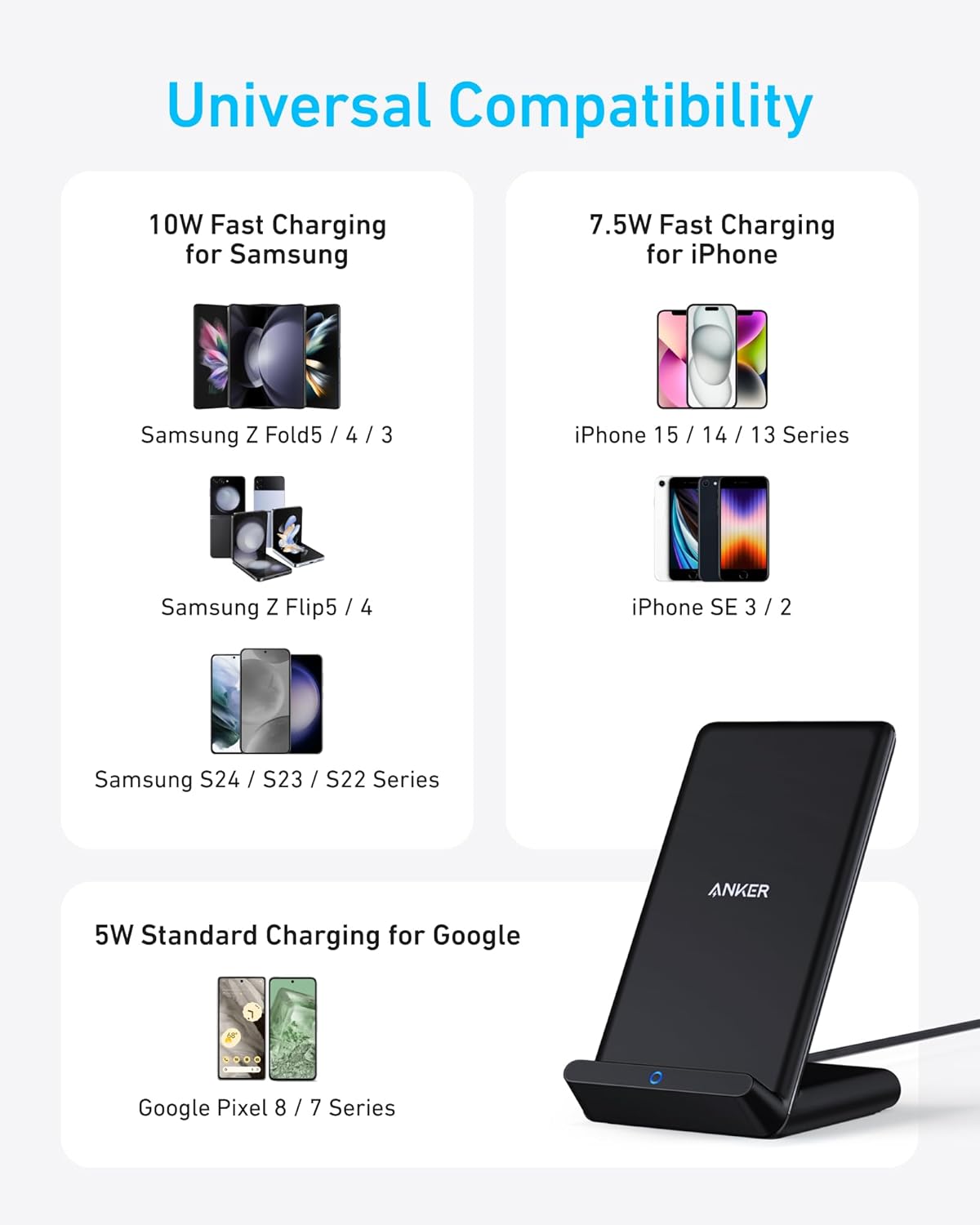 Anker 313 Wireless Charger (Stand), Qi-Certified for iPhone 17/17/17 Pro/17 Pro Max/15/14/13, 10W Fast-Charging Galaxy S23 S22 S21(No AC Adapter) - Rayz Mart