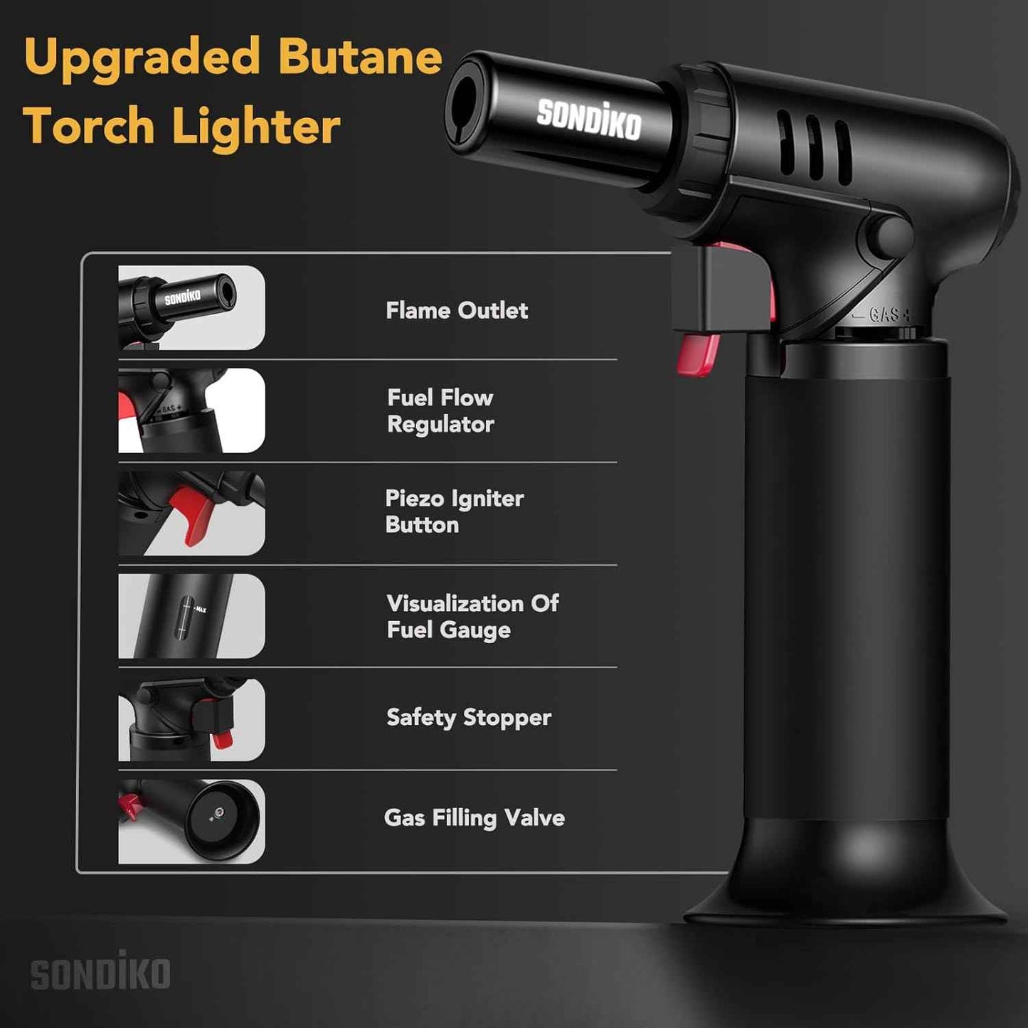 Sondiko Butane Torch Lighter with Fuel Gauge, Refillable Soldering Torch with Adjustable Flame for Welding, Resin Art, Industrial(Butane Gas Not Included)