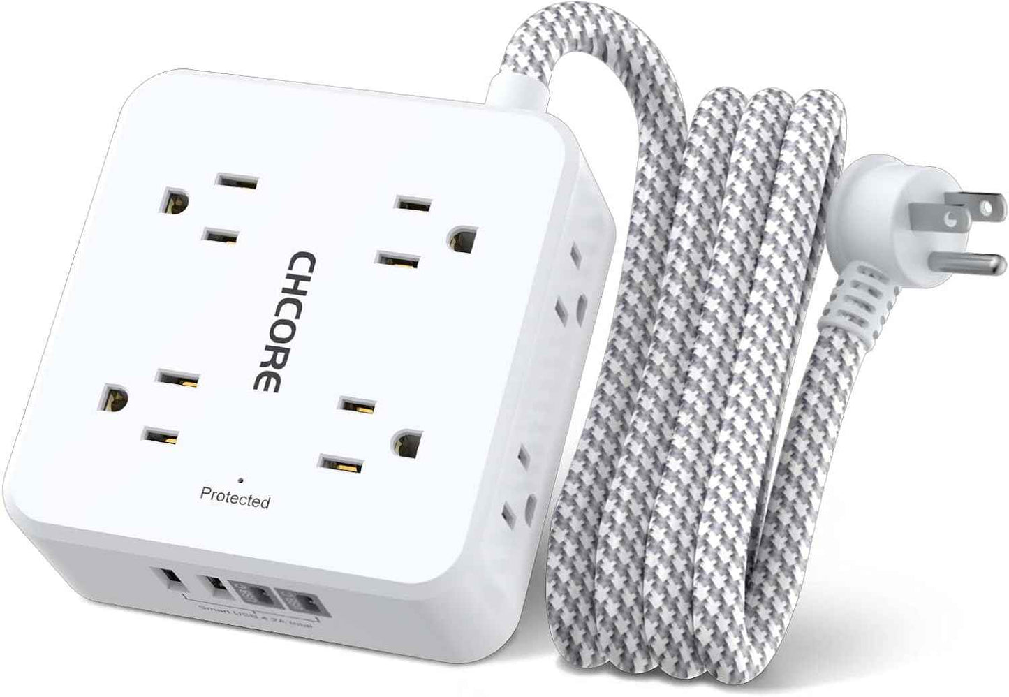 Surge Protector Power Strip - CHCORE 5Ft Braided Extension Cord with 8 Outlets with 4 USB (2 USB C) Charging Ports, Flat Plug Multi Plug Outlet Extender Charging Station for Home Office, ETL, White