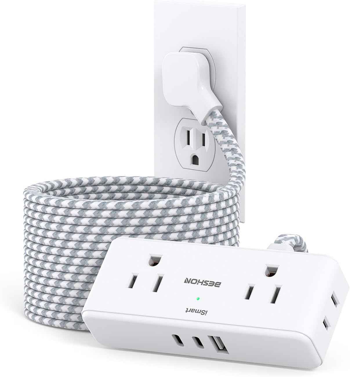 Flat Extension Cord 6 feet, Flat Plug Power Strip, 4 Widely Outlets with 3 USB Ports (2 USB C), 3 Side Outlet Extender with Extension Cord with Multiple Outlets for Home, Office, Dorm Room Essentials
