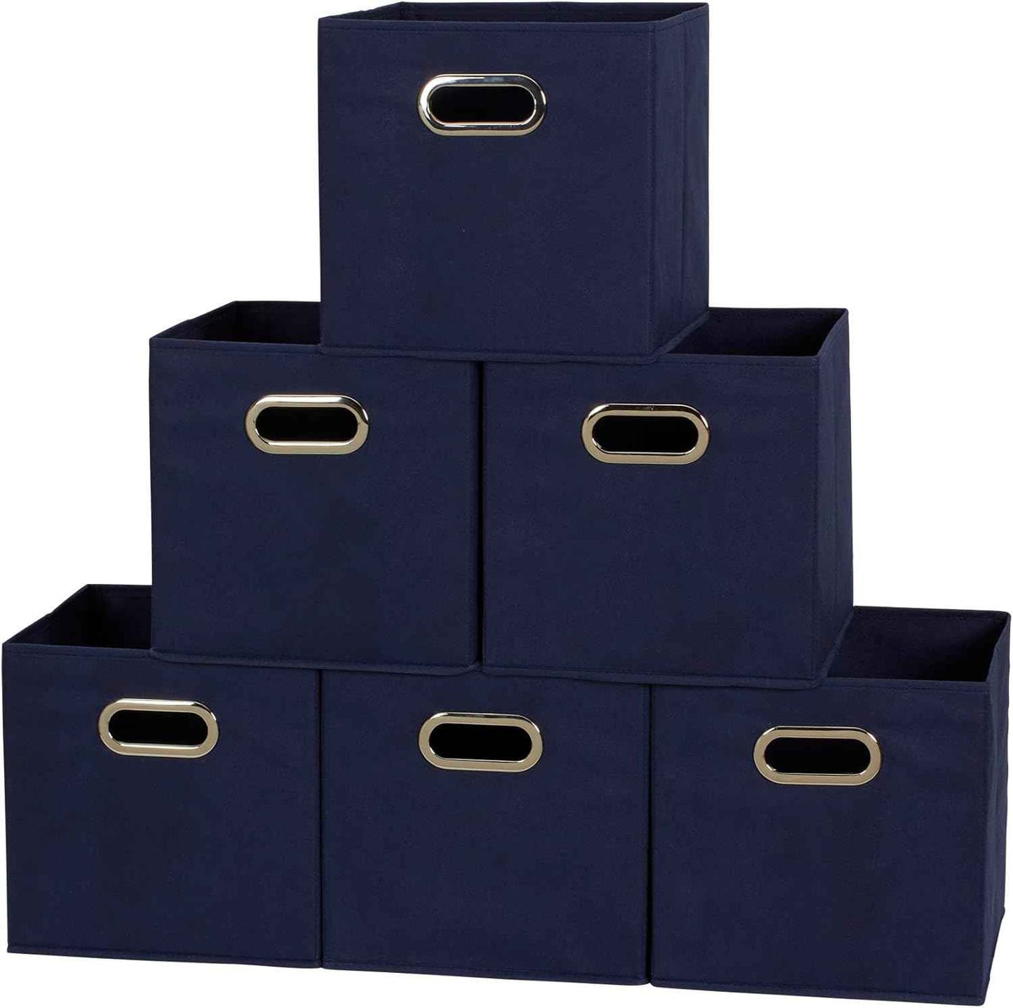 Household Essentials Foldable Fabric Storage Bins 6 Piece Set, Strong Poly-Woven Fabric, Sturdy Chipboard Sides, Grommet Front Handle, Stackable and Foldable, Classic Design, Black