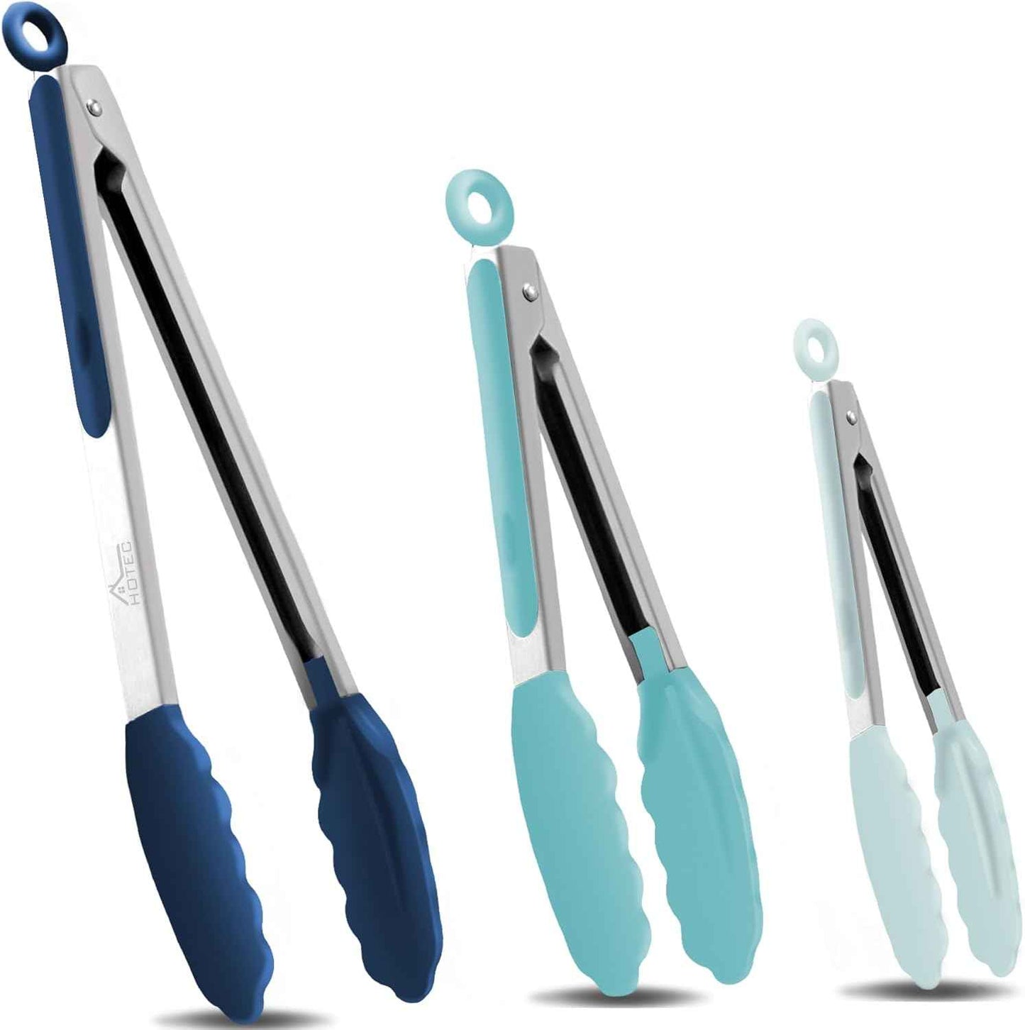 HOTEC Premium 7 & 9 Inch Kitchen Tongs, Stainless Steel Locking Cooking Tongs with Silicone Tips, Non-Scratch & Heat Resistant, Serving Tongs for Salad, BBQ, Classic Blue, Set of 2