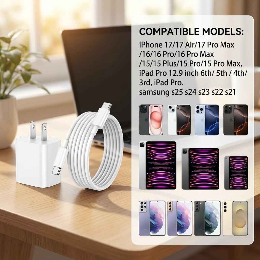 iPhone 17 16 15 Charger Fast Charging,2Pack 20W Apple iPad USB C Wall Chrager Block with 6FT USB C to C Cable for iPhone 17/Pro/Pro Max/17 Air/ 16/16 Pro/16 Pro Max/15/Plus/Pro/Pro Max (White)