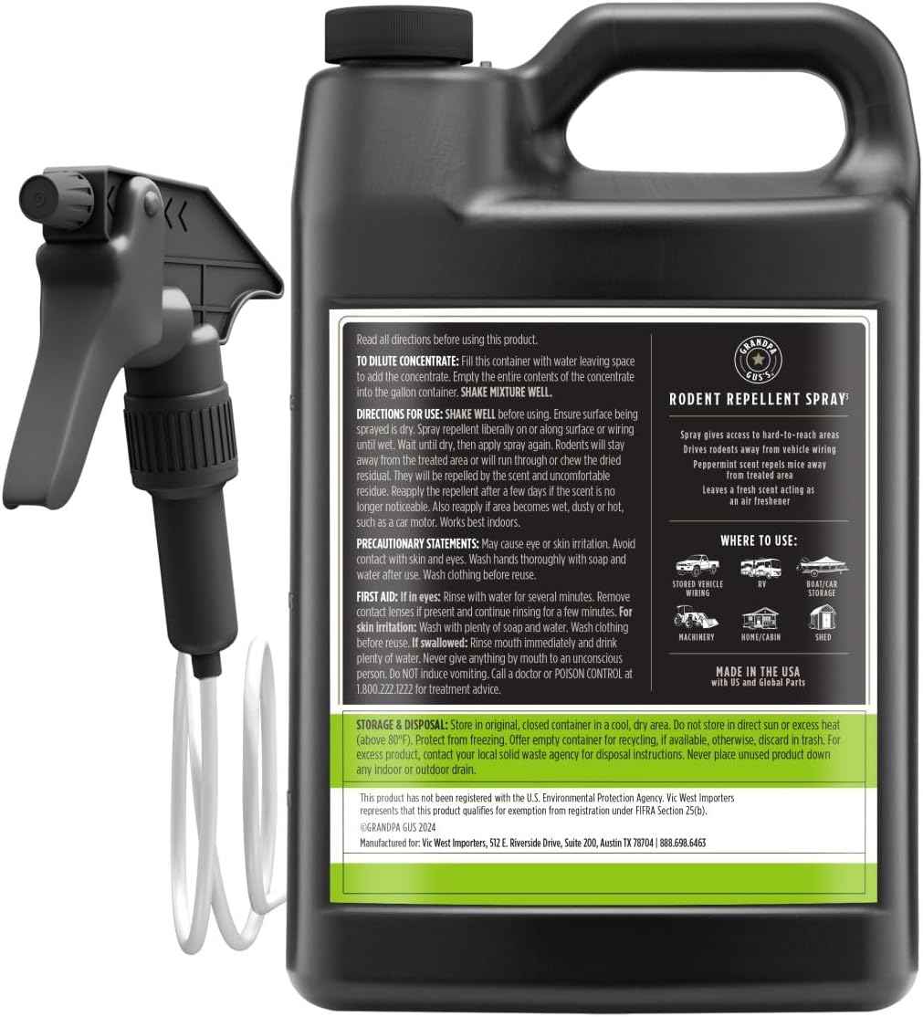 Grandpa Gus's Rodent Repellent Spray with Sprayer, Natural Peppermint & Cinnamon Oils Repel Mice and Stop Rats, 1 Gallon (Pack of 1)
