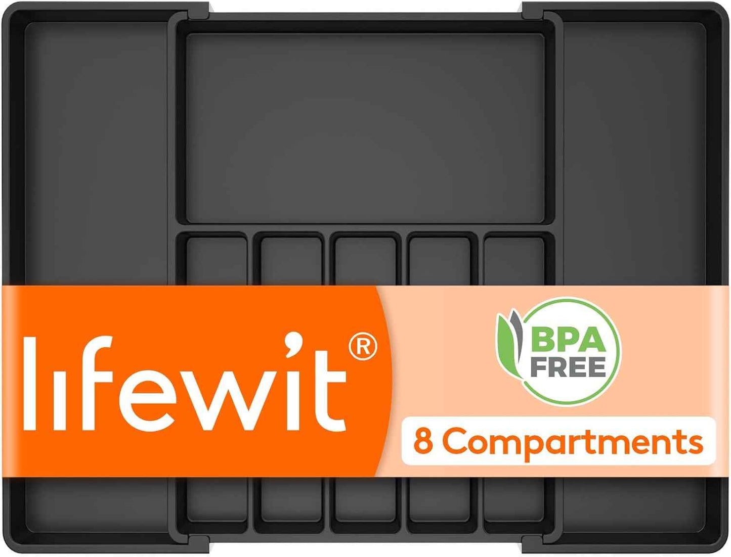 Lifewit Large Silverware Drawer Organizer, Expandable Utensil Tray for Kitchen, BPA Free Flatware and Cutlery Holder, Adjustable Plastic Storage for Spoons Forks Knives, Large, Black