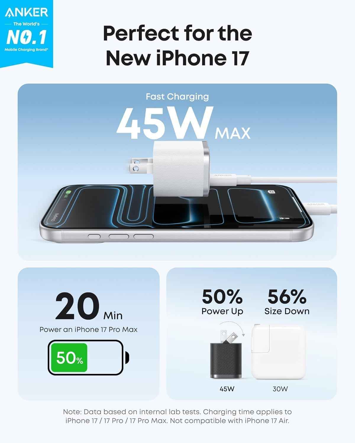 Anker Nano Charger, 45W Fast Charging, Compact and Foldable Plug USB C Charger Block for iPhone 17 Series, MacBook, Pixel 9, iPad, Samsung Galaxy S25 Ultra / S24 Series (6 ft Cable Included)