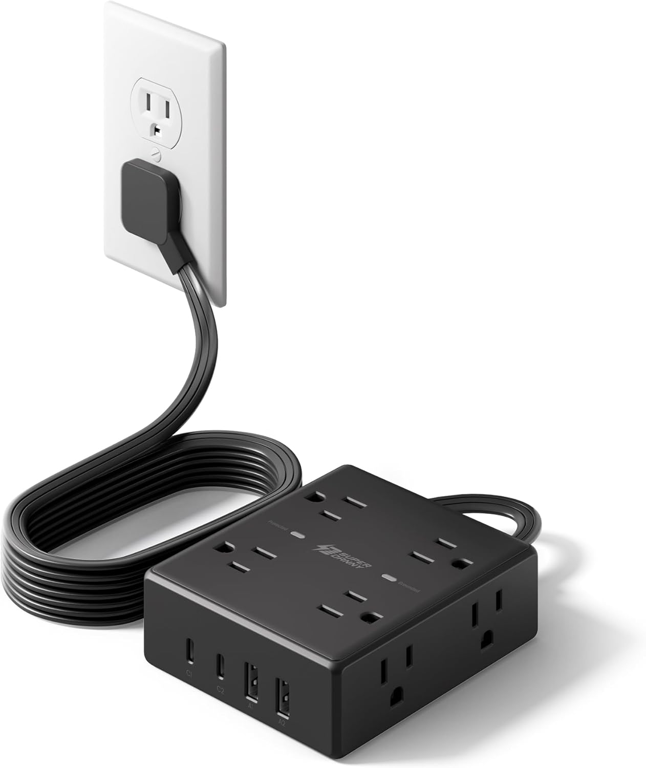 10Ft Extension Cord with Multiple Outlets, Flat Plug Surge Protector Power Strip 10 Ft Long Cord, 8 Outlets & 4 USB Ports (2 USB C), Desk Charging Station for Home Office, College Dorm Room Essentials