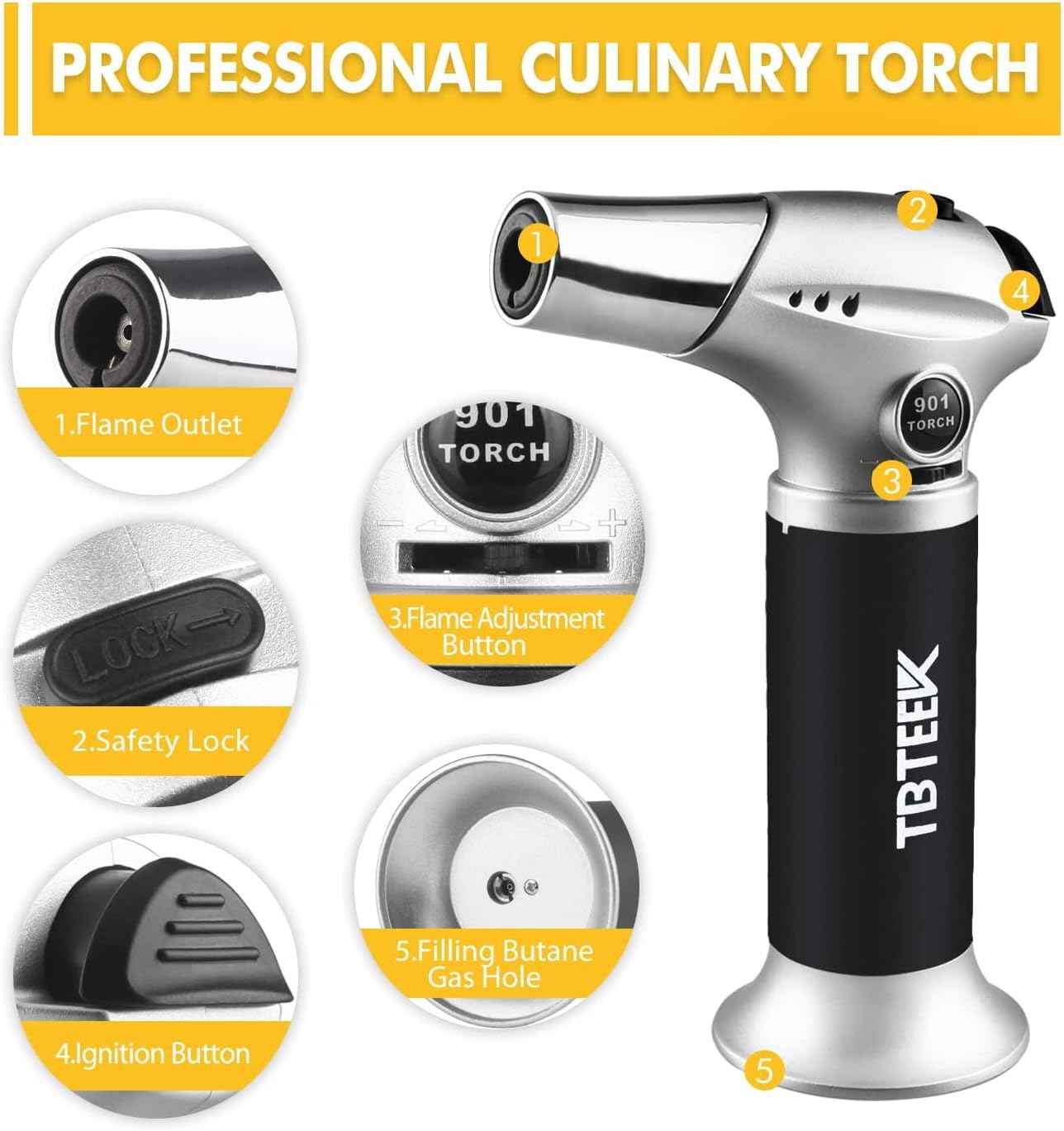 TBTEEK Butane Torch, Kitchen Torch Cooking Torch with Safety Lock & Adjustable Flame for Cooking, BBQ, Baking, Brulee, Creme, DIY Soldering(Butane Not Included)