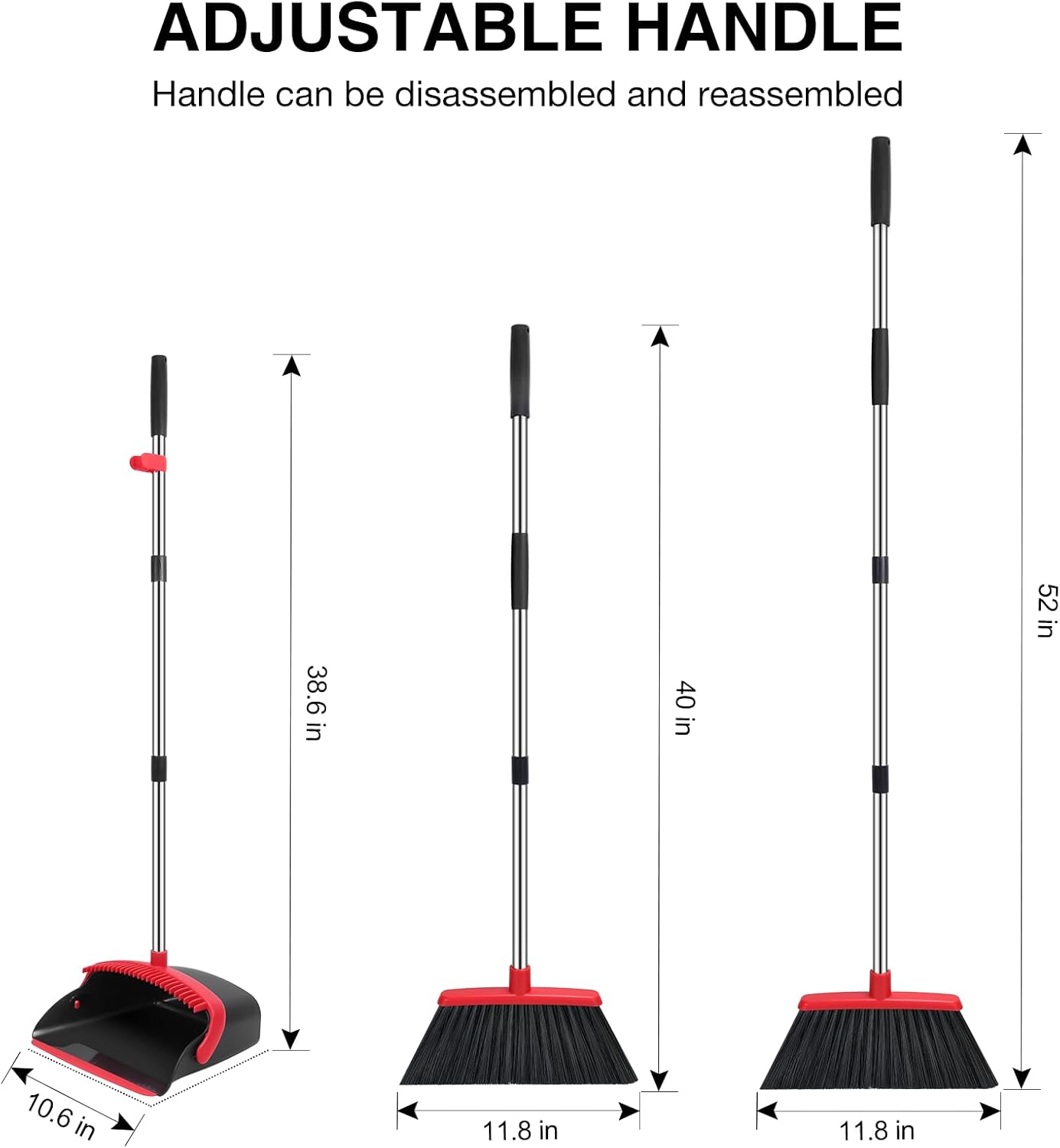 NACENA Broom and Dustpan Set, 52-in Long Adjustable Handle Broom Dustpan Combo with Dustpan Teeth to Automatically Clean Hair Suitable for Home Kitchen Office Hall FloorοΌBlack&RedοΌ