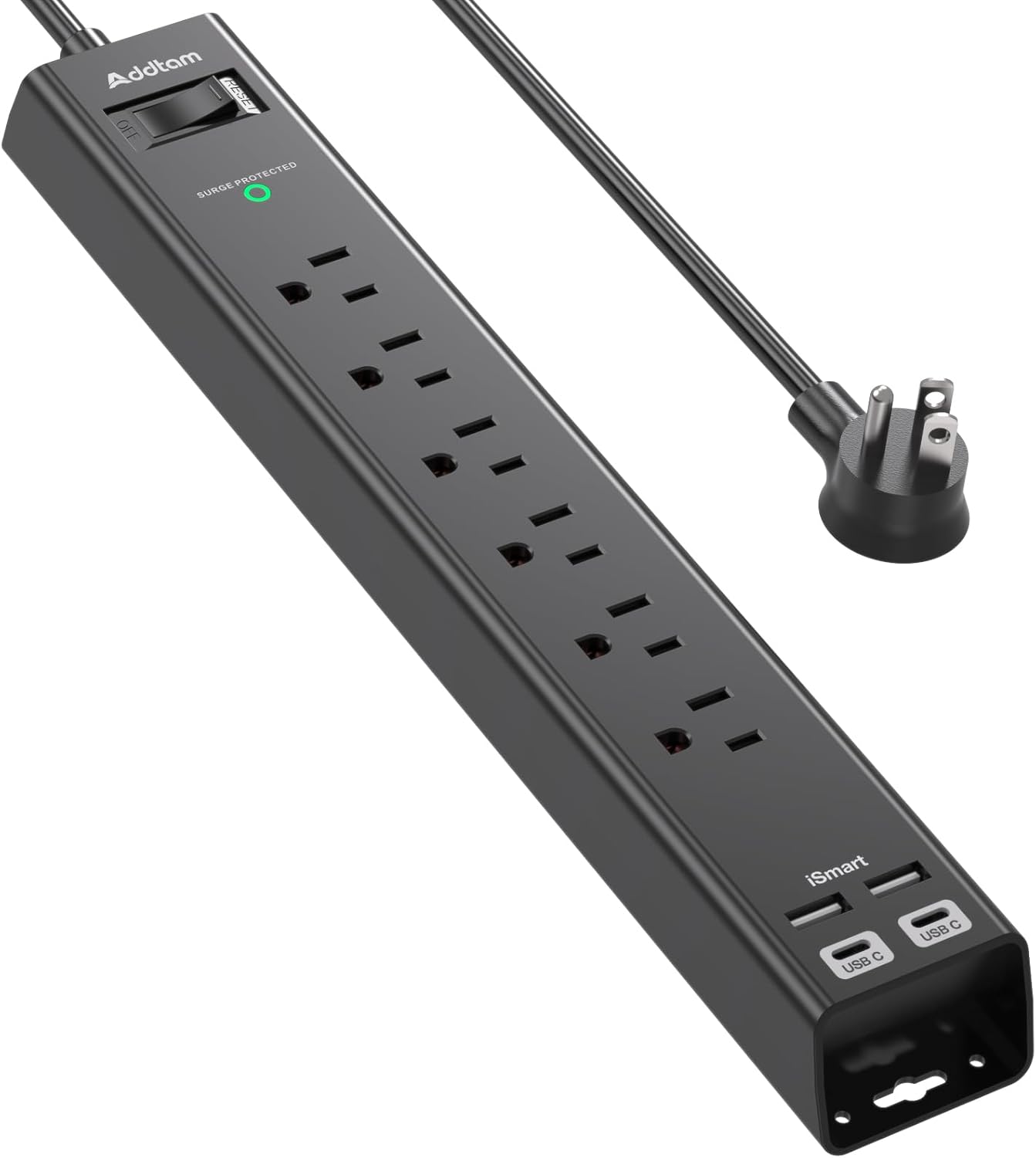 Surge Protector Power Strip - Extension Cord with Addtam 6 AC Outlets 4 USB (2 USB-C Ports), 1875W/15A, Flat Plug with Overload Surge Protection, Outlet Extender for Home Office Dorm Room Essentials