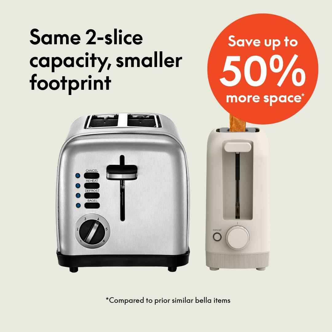 bella 2 Slice Slim Toaster, Fits-anywhere™ Kitchenware, 6 Setting Shade Control with Reheat & Cancel Buttons, Fits sourdough, 10” Long Slot, Anti Jam & Auto Shutoff, 900 Watt, Oatmilk