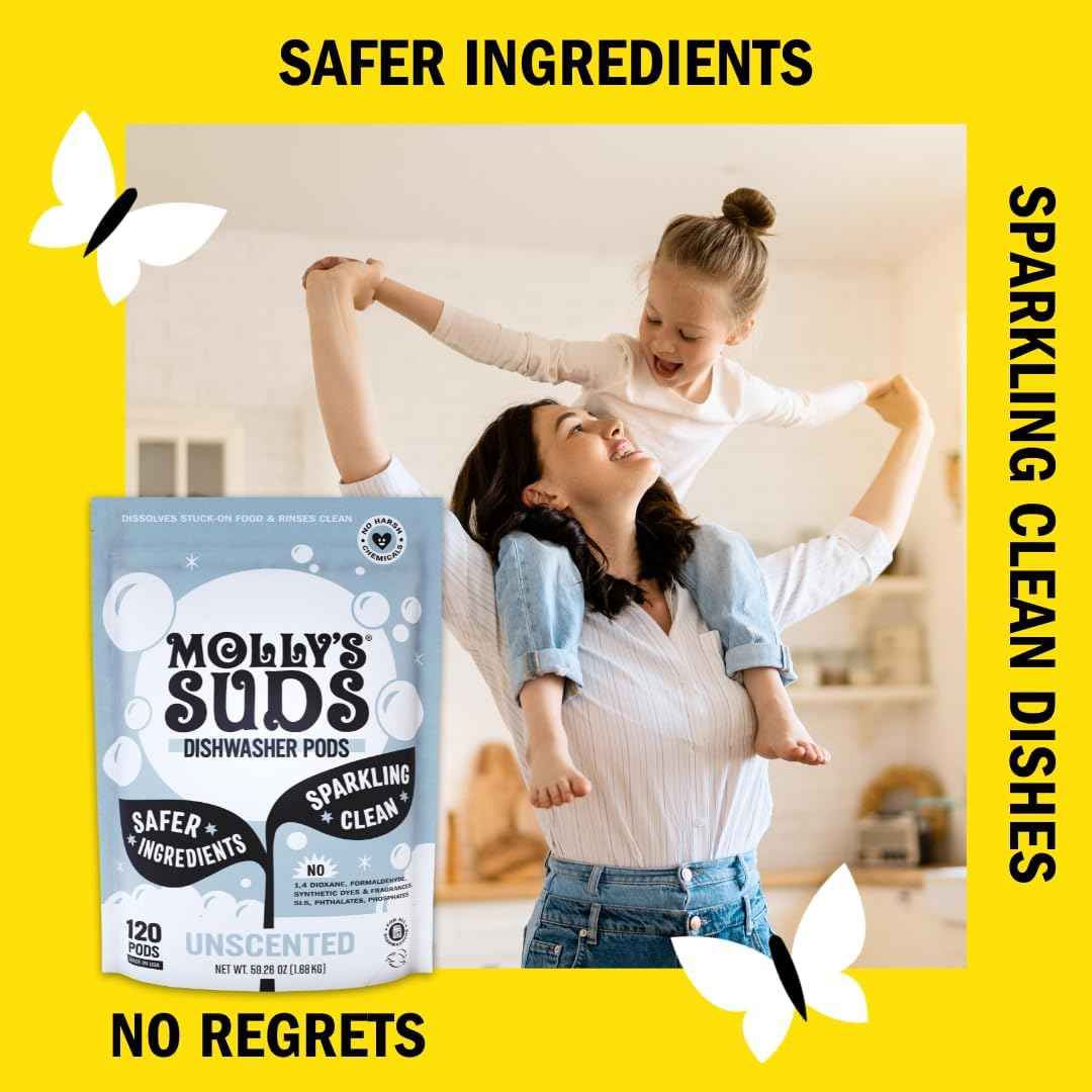 Molly's Suds Dishwasher Pods | Clean Dishwasher Detergent, Cuts Grease & Rinses Clean (Residue-Free) for Sparkling Dishes | 60 Auto-Release Tabs (Unscented)