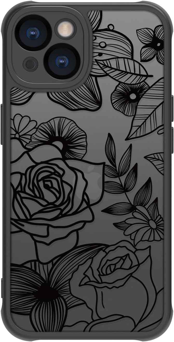 Girly Flower Case Compatible with iPhone 17 Pro Max, Cute Rose Aesthetic Black Line Art Floral Pattern Print, Anti Fingerprint PC Heavy Duty Protection Cases Cover for Girls Women