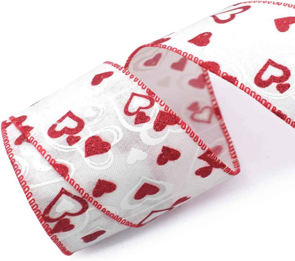 Valentines Fabric Ribbons, White Love Heart Edge Wired Burlap Ribbon for Valentine's Day Hanging Wrapping Party Gift Decoration Indoor Outdoor Tree Crafts Supplies (2.5 Inch * 10 Yards * 1 Roll)
