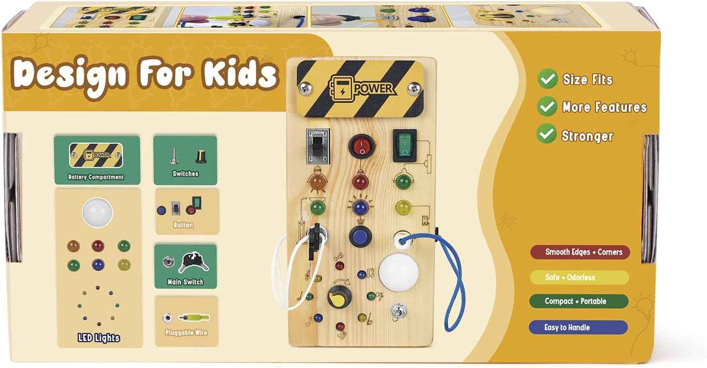Hoarosall Montessori Wooden Busy Board with 8 LED Light switches, Sensory Toys Light Switch Travel Toys for 1+ Year Old Baby and Toddler