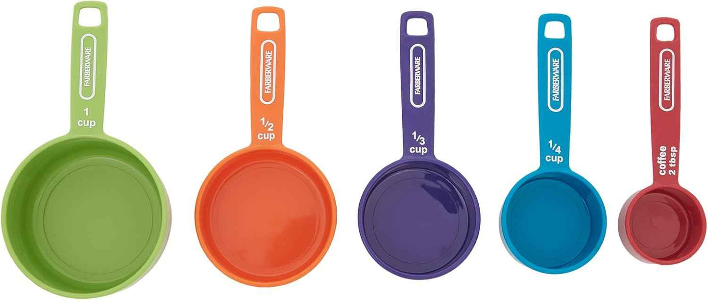 FARBERWARE 5-Piece Measuring Cup Set with Coffee Scoop, Durable Plastic Nesting Measuring Cups with Easy-Read Markings, BPA-Free, Dishwasher Safe