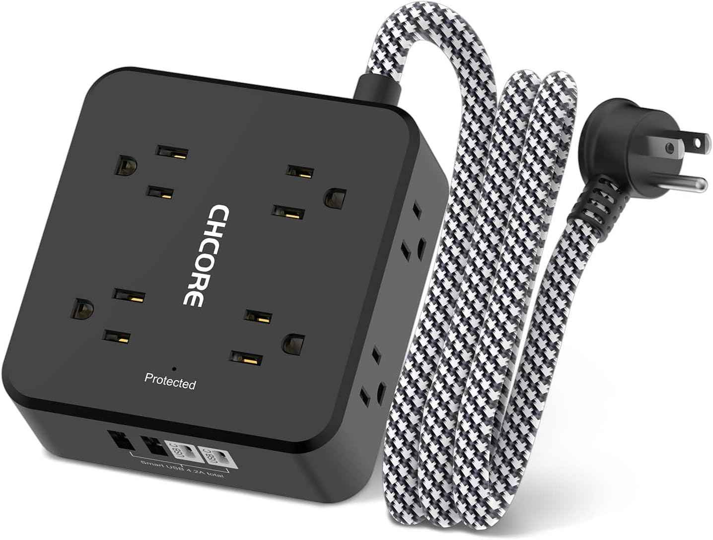 Surge Protector Power Strip - CHCORE 5Ft Braided Extension Cord with 8 Outlets with 4 USB (2 USB C) Charging Ports, Flat Plug Multi Plug Outlet Extender Charging Station for Home Office, ETL, White