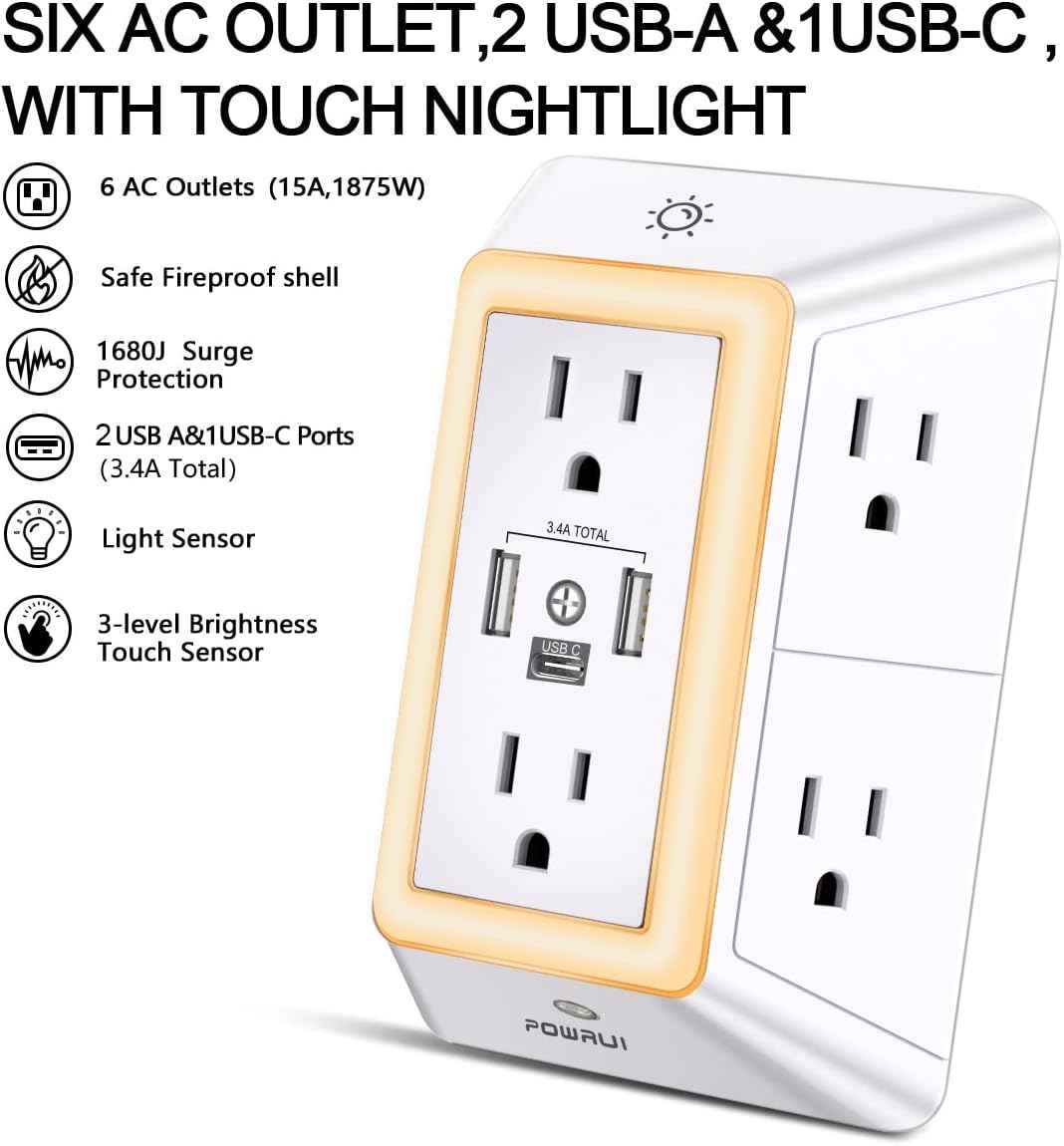 POWRUI Multi Plug 6 Outlet Surge Protector Extender with 3 USB Ports (1 USB C) and Night Light, 3-Sided Power Strip with Adapter Spaced Outlets, ETL Listed, White