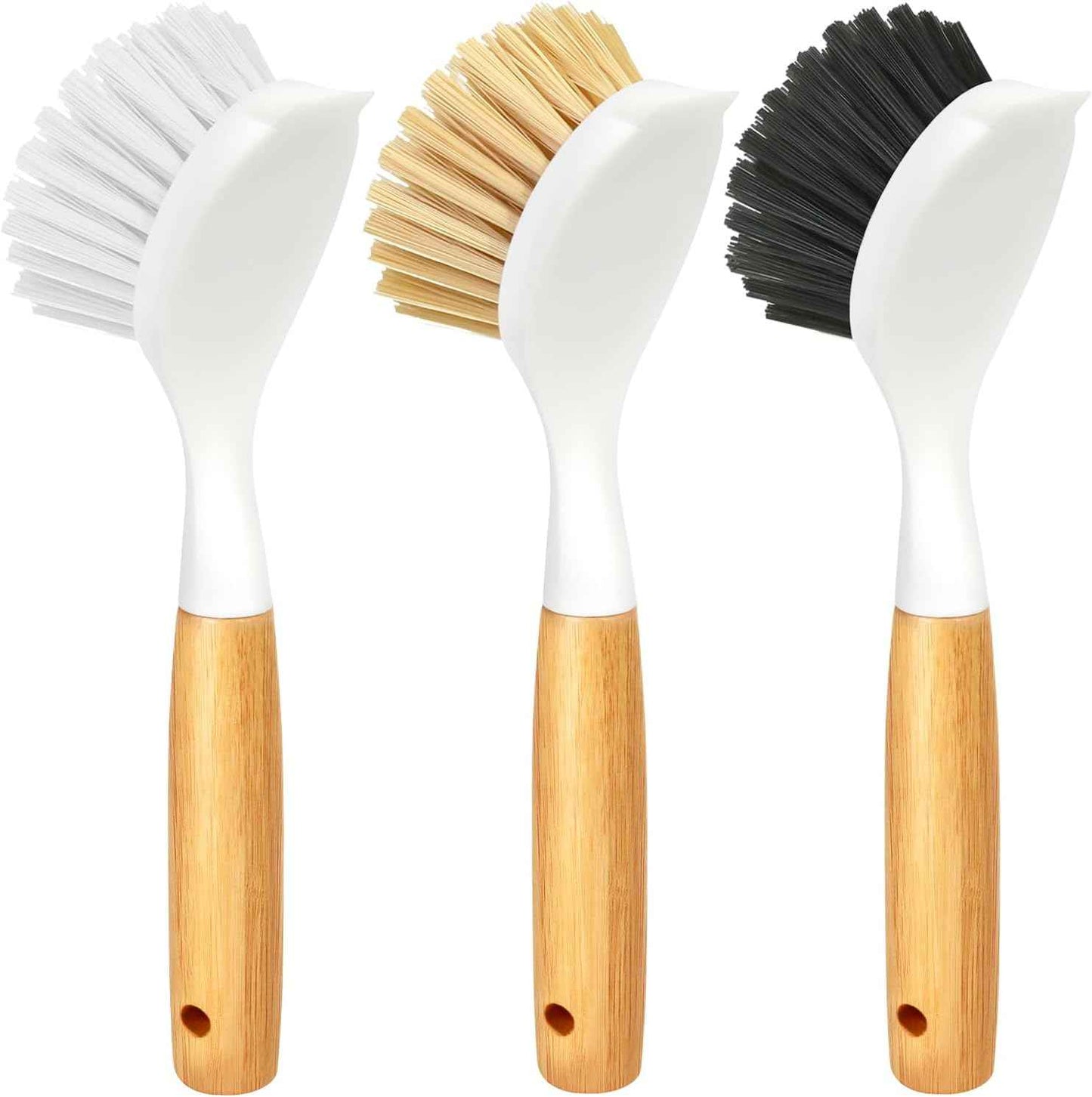 Holikme 3 Pack Dish Brush Set with Bamboo Handle, Kitchen Brushes for Cleaning Pot, Sink and Stove, Skillet Scrubber with Tough Bristles for Cast Iron Grill Pan, Yellow White Black