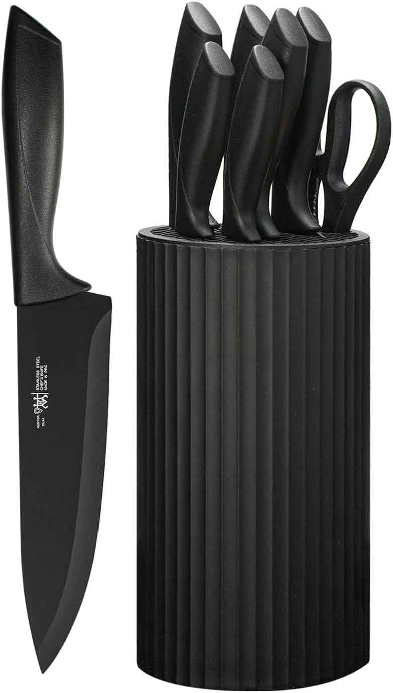 Knife Set, 8-Piece Kitchen Knife Set for Chef, Sharp Knife Set with Universal Knife Block, Anti-Rust Kitchen Knife Block Set, Ergonomical Design (Black)