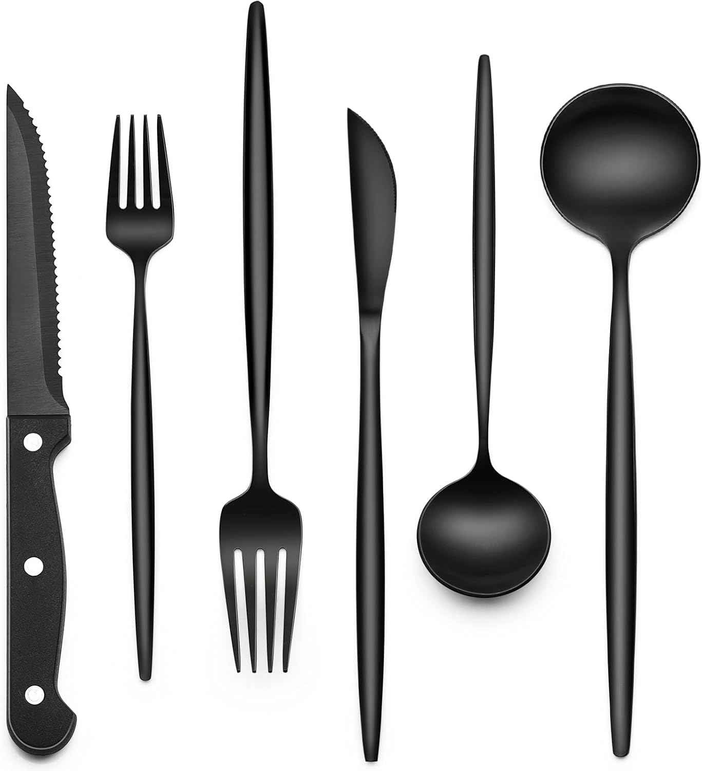 EWFEN 24-Piece Black Silverware Set with Steak Knives, Flatware for 4, Food-Grade Stainless Steel Tableware Cutlery Set, Mirror Finished Utensil Sets Home Restaurant