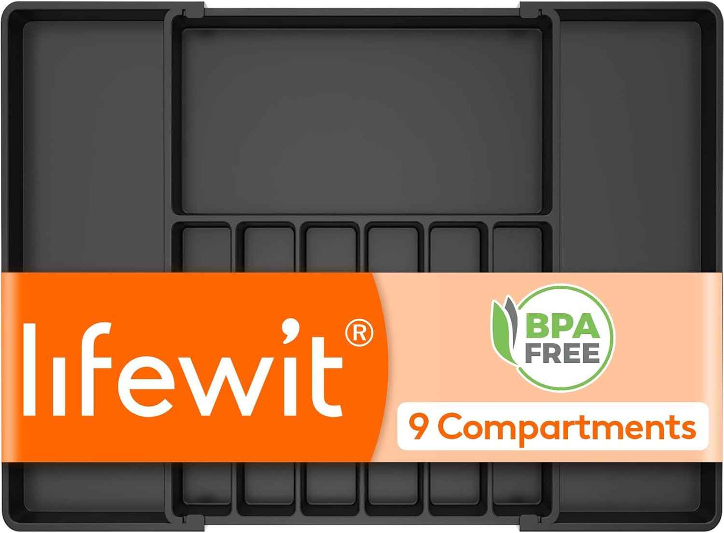 Lifewit Large Silverware Drawer Organizer, Expandable Utensil Tray for Kitchen, BPA Free Flatware and Cutlery Holder, Adjustable Plastic Storage for Spoons Forks Knives, Large, Black