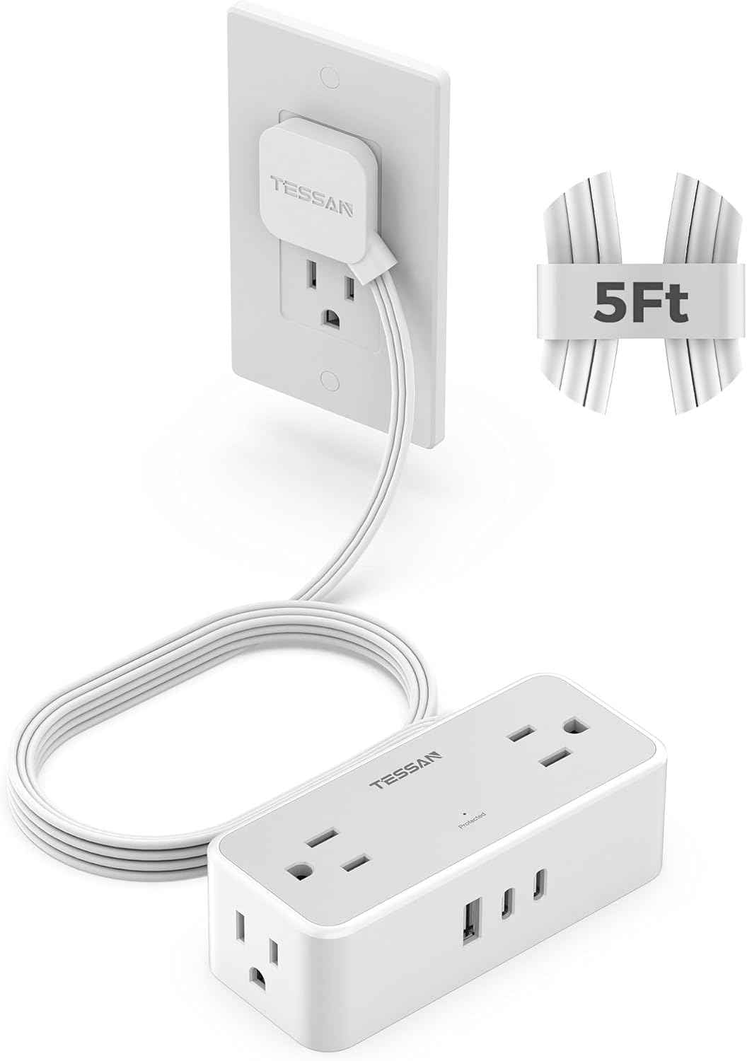 TESSAN Flat Plug Extension Cord 5 FT, Surge Protector Power Strip with 4 AC Outlets 1 USB C and 2 USB A Ports, 900 Joules Protection, Multiple Wall Outlet Extender Suitable for Home Office Dorm