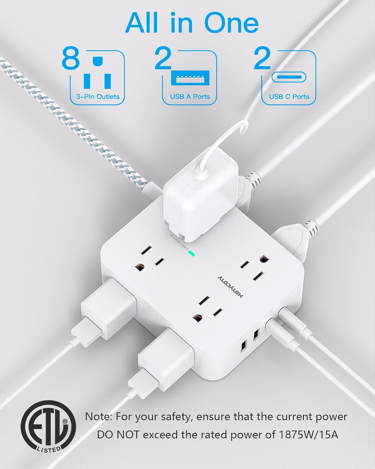 HANYCONY Surge Protector Power Strip – 8 Outlets with 4 USB Ports (2 USB-C), 5Ft Braided Extension Cord, Flat Plug Multi Outlet for Home & Office