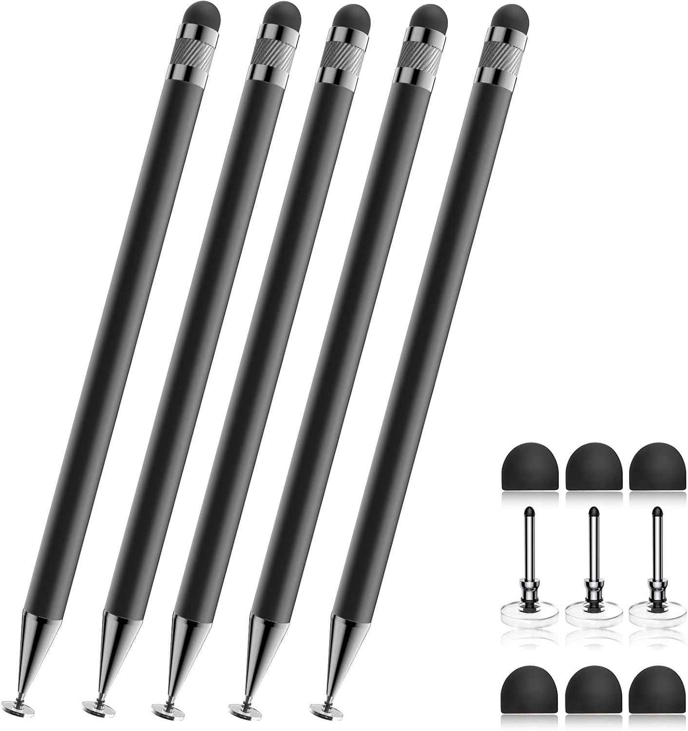 Bopomofo Stylus (5 Pcs), 2-in-1 Stylus Pen for Touch Screen, High Precision and Sensitivity, Suitable for iPhone/ipad/Android Tablets, Compatible with Touch Screens (Black/White/Blue/Rose Gold/Silver)