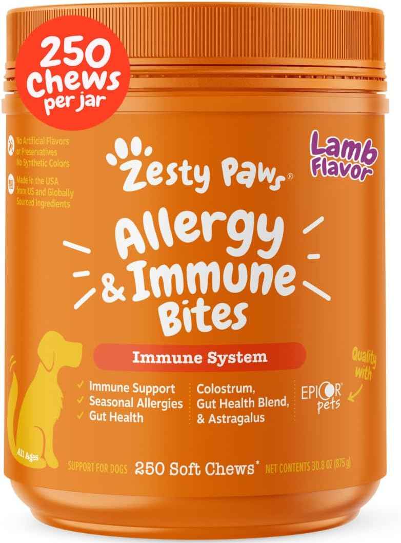 Zesty Paws Dog Allergy Relief- Dog Itching Skin Relief- Dog Probiotics for Itchy Skin and Itchy Ears- Dog Allergy Paw Relief- Dog Allergy Chews- Dog Itch Relief - Dog Skin Allergy Relief - Lamb - 90ct