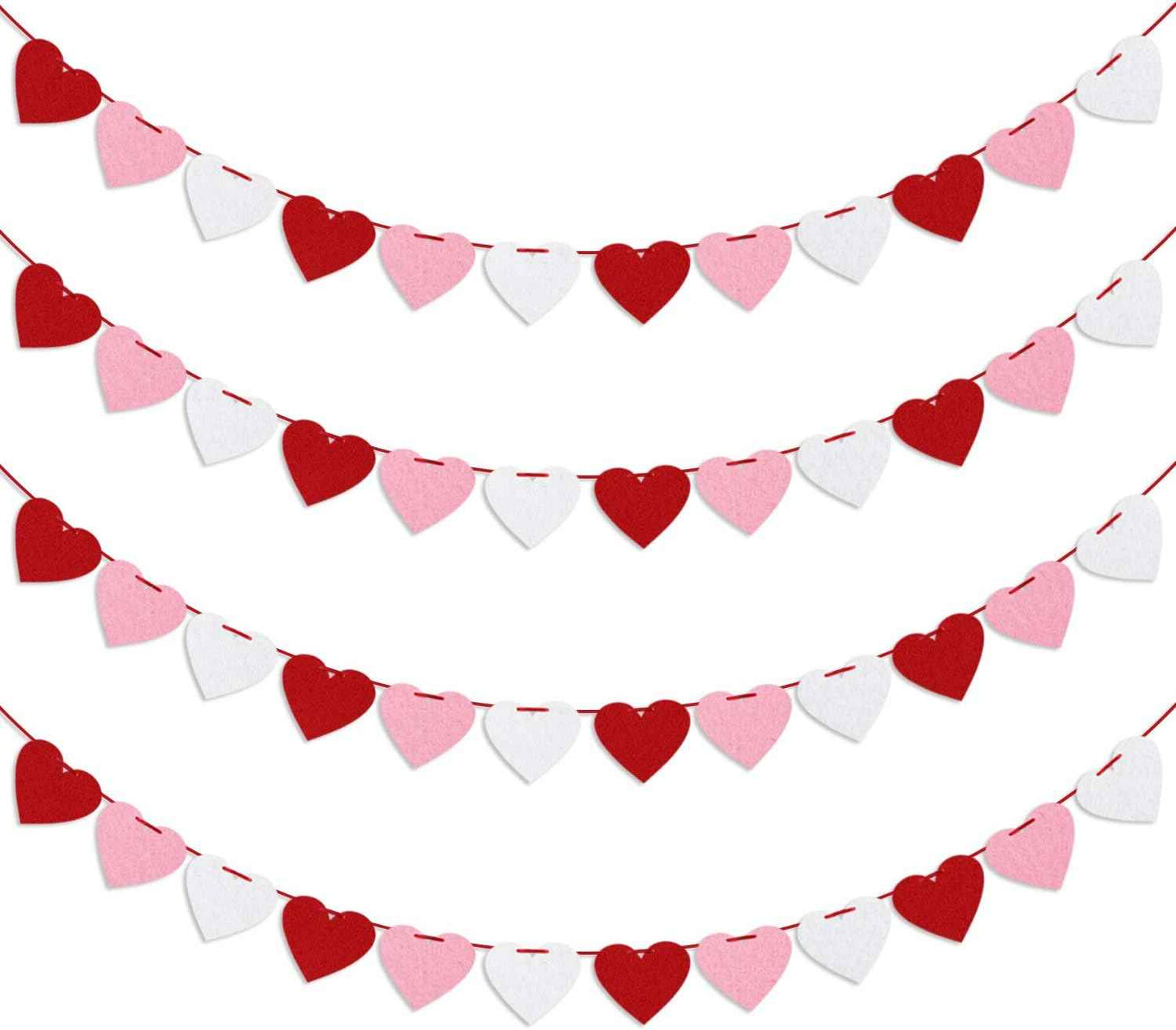 Felt Heart Garland Banner, Pre-Strung | Valentines Decorations | Red Pink White Valentines Banner | Anniversary Wedding Birthday Party Decorations | Outdoor Home Hanging Valentine's Day Decor