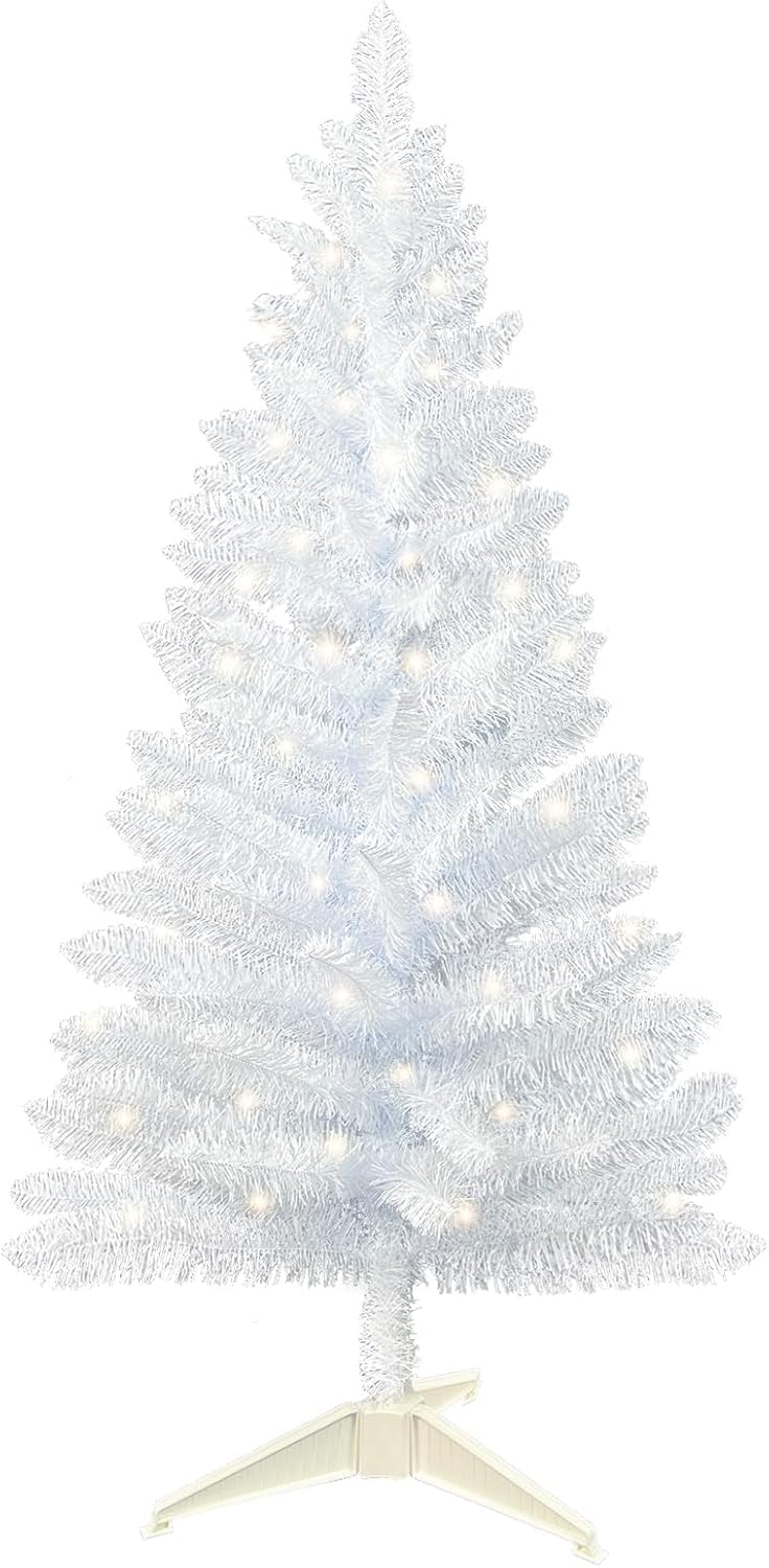 4ft Lighted Artificial White Christmas Tree | Leeheeyee Small Christmas Tree, Not Pre-lit White Tinsel Pine Trees with Lights, Ideal for Home, Office, and Xmas Tree Party Décor