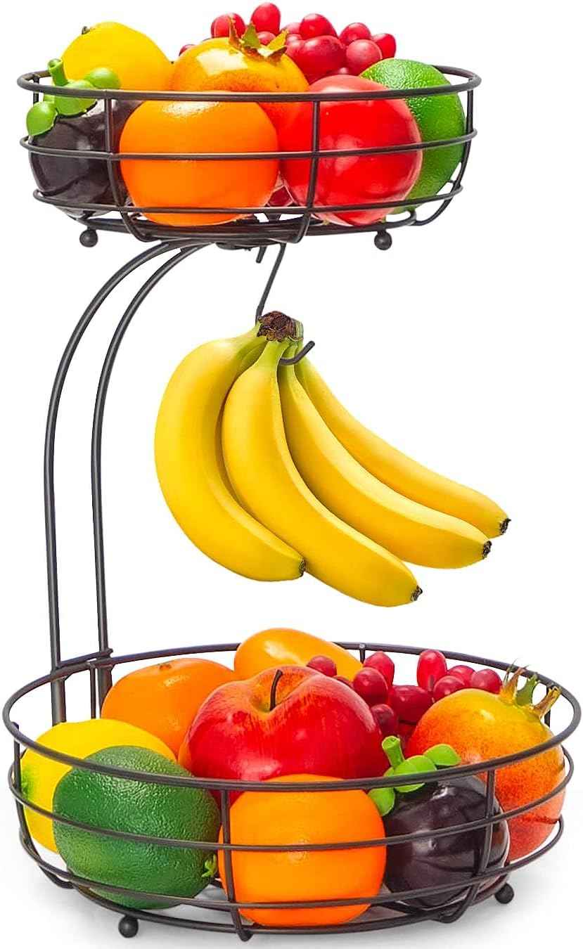 Auledio Iron 2-Tier Countertop Fruit Vegetables Basket Bowl Storage With Banana Hanger, Black, 64 ounces