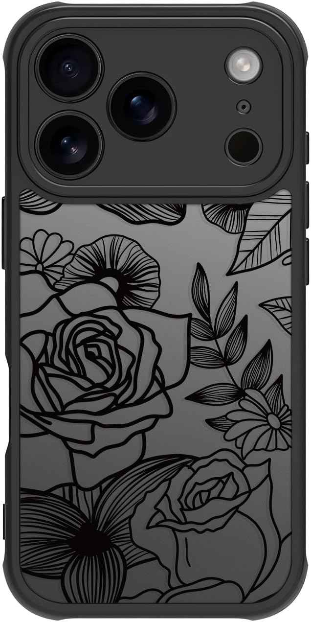 Girly Flower Case Compatible with iPhone 17 Pro Max, Cute Rose Aesthetic Black Line Art Floral Pattern Print, Anti Fingerprint PC Heavy Duty Protection Cases Cover for Girls Women