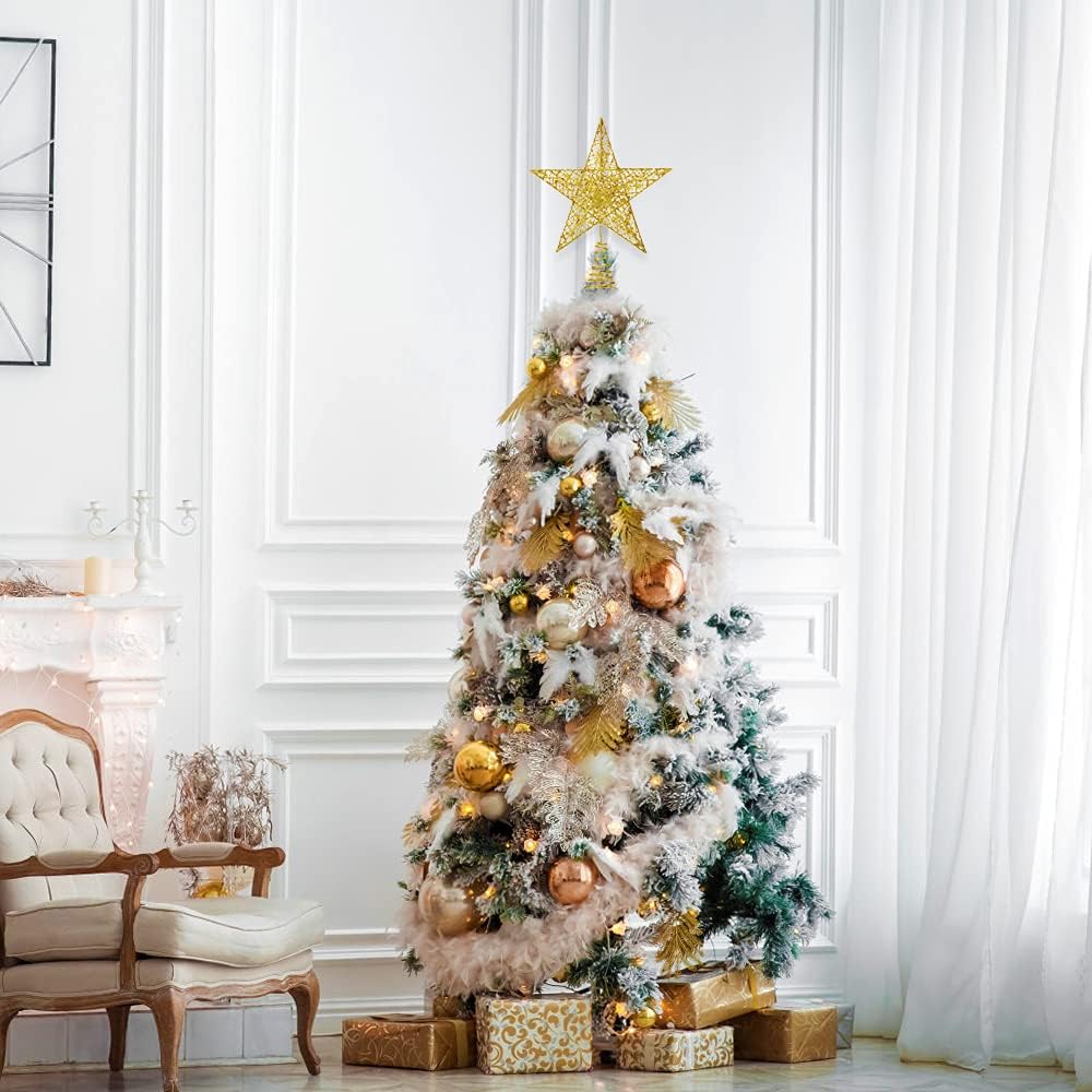 Christmas Tree Topper – Glitter Gold Hollow Star for Xmas Tree Decoration, Sparkling Treetop Ornament for Holiday Decor