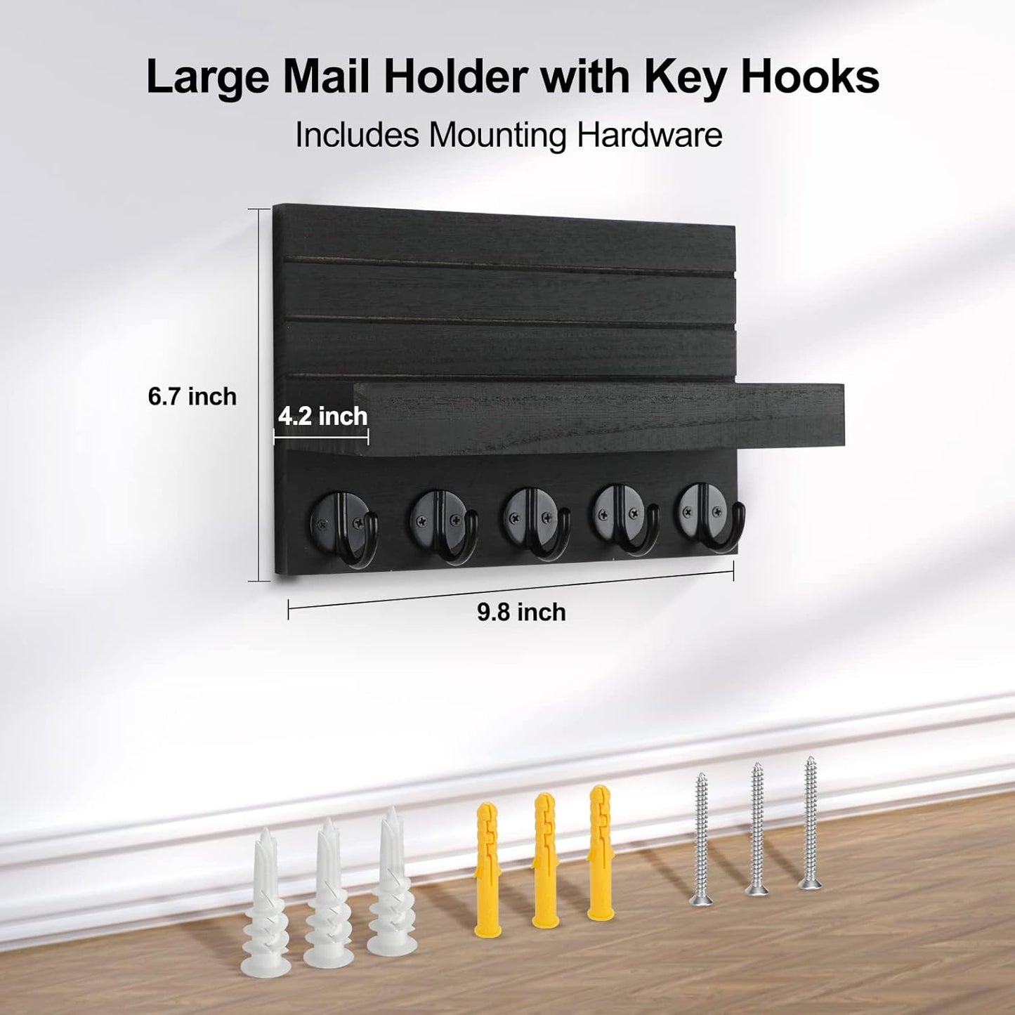 Key Holder for Wall, Decorative Key and Mail Holder with Shelf Has Large Hooks for Bags, Coats, Umbrella – Paulownia Wood Key Hanger with Mounting Hardware (9.8”W x 6.7”H x 4.2”D) - Rayz Mart