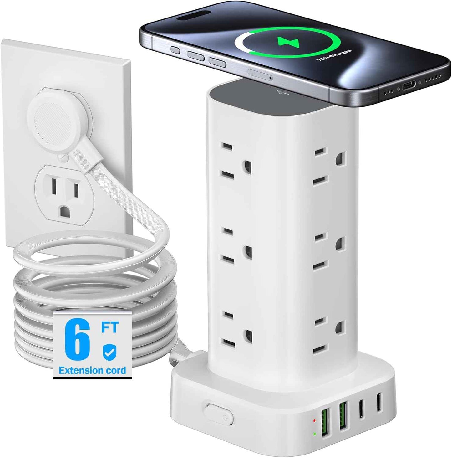 Tower Power Strips with Surge Protection, 6FT Flat Extension Cord with Multiple Outlets, 12 AC 4 USB Ports, Overload Protection Charging Station for Office Home Dorm Room Travel (White)
