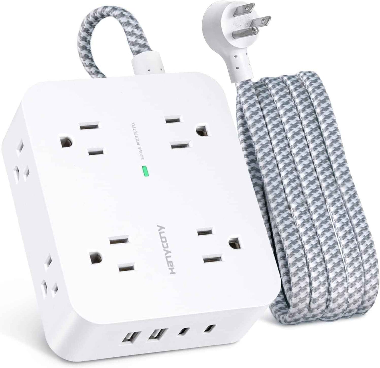 Surge Protector Power Strip - HANYCONY 8 Outlets 4 USB (2 USB C) Charging Ports, Multi Plug Outlet Extender, 5Ft Braided Extension Cord, Flat Plug Wall Mount Desk Charging Station for Home Office ETL