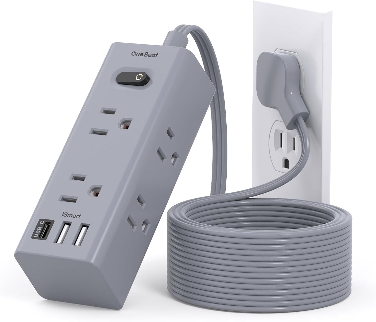 One Beat 10Ft Extension Cord Power Strip – 6 Outlets & 4 USB Ports (2 USB-C), Flat Plug Surge Protector for Home