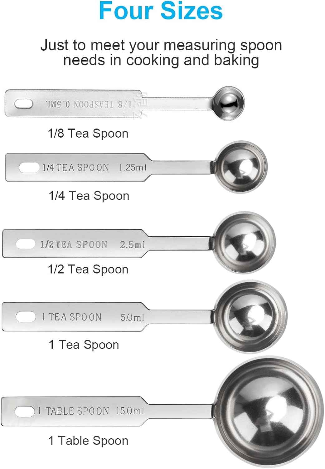 5PCS OstWony Measuring Spoons Set, Includes 1/8 tsp, 1/4 tsp, 1/2 tsp, 1 tsp, 1 tbsp, Food Grade Stainless Steel measuring cups, Tablespoon and Teaspoon for Measure
