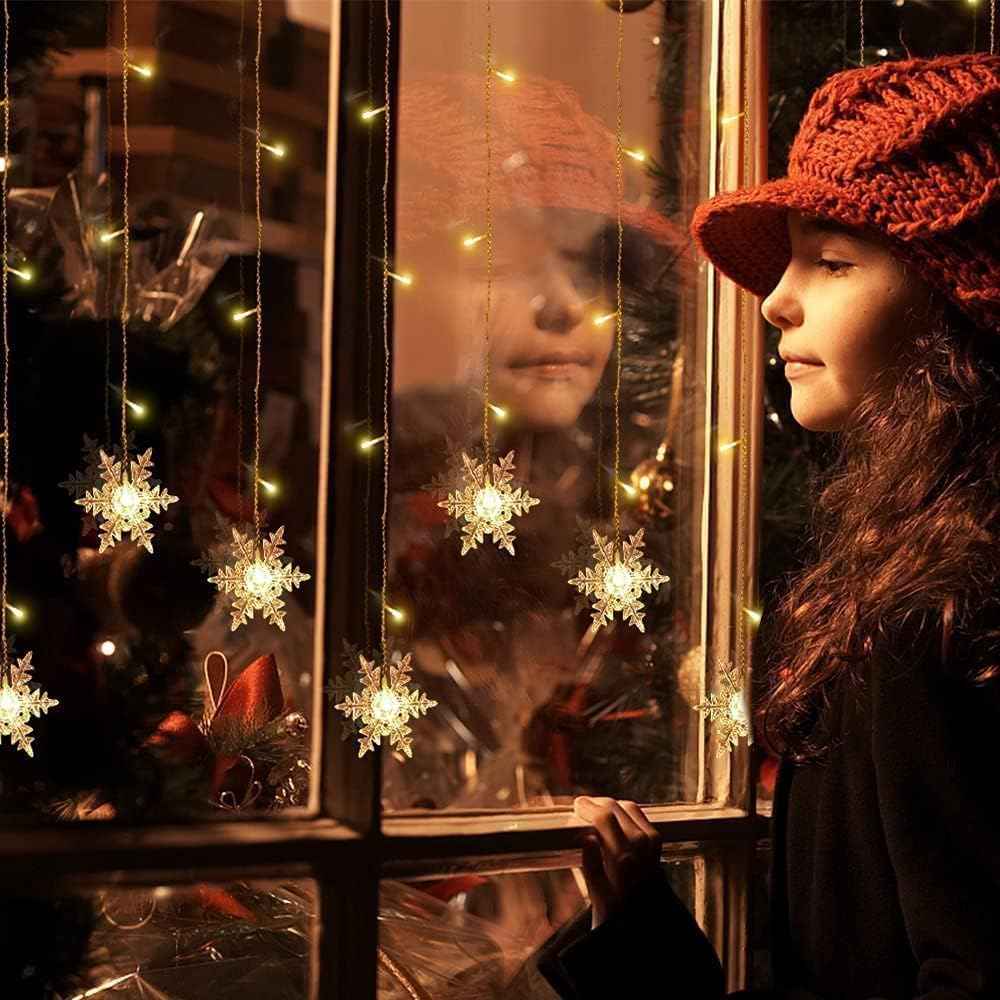 LED Curtain Lights,13ft/4M 96 LED Snowflake Curtain String Lights Plug-in Window Curtain Lights with 8 Modes Decoration for Christmas, Wedding, Party,Wall, Home Decorations (Warm White)