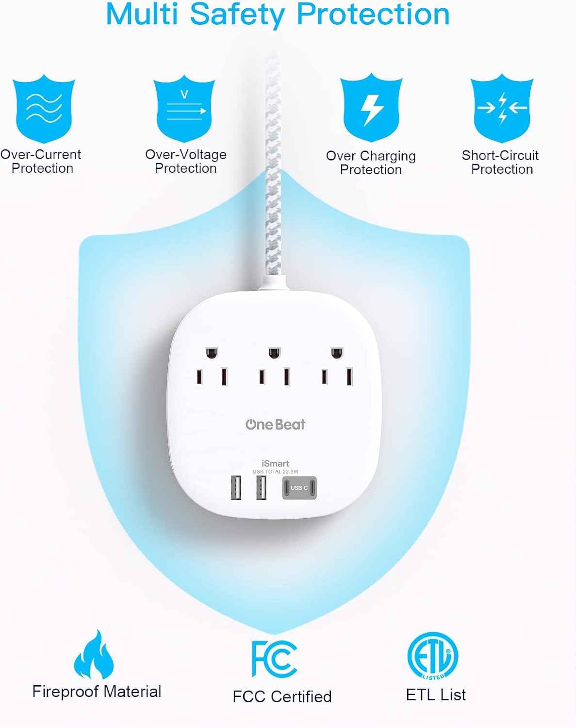 Flat Plug Power Strip, 5ft Ultra Flat Extension Cord - 3 Outlets 4 USB Ports (2 USB C) 22.5W/4.5A Desktop Charging Station, No Surge Protection for Cruise Ship, Dorm Room Travel Essentials