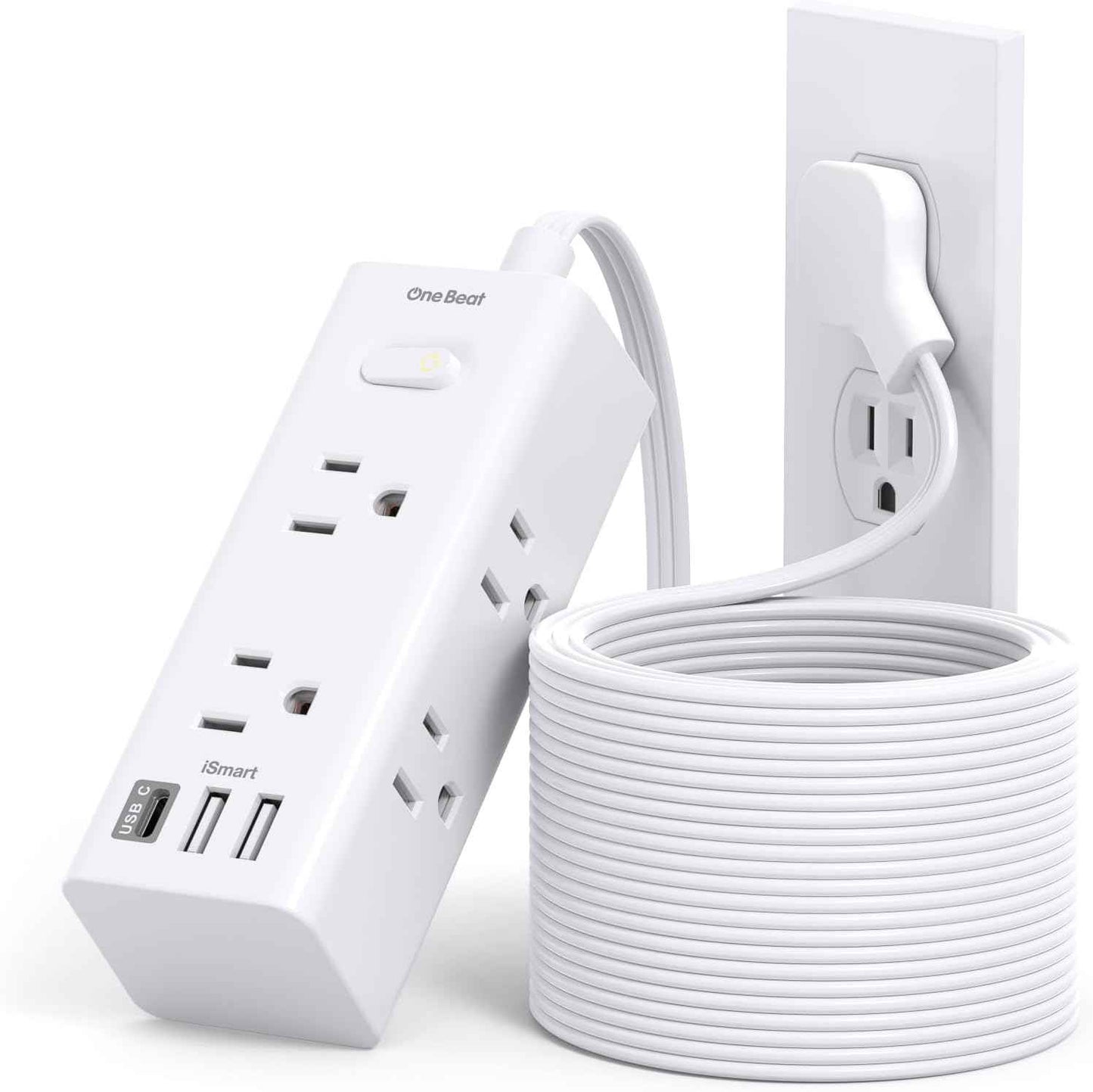 One Beat 10Ft Extension Cord with Multiple Outlets,Flat Plug Power Strip Surge Protector with 10 Ft Long Cord,6 Outlet 4 USB Ports (2USB C),Multi Outlet Wall Plug for Travel,College,Dorm Essentials