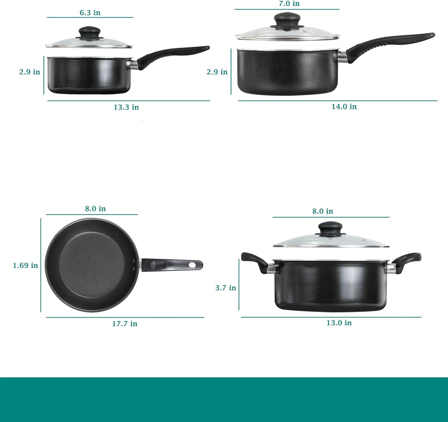7-Piece Non-Stick Aluminum Pots and Pans Cookware Set, Black Coating, Dishwasher Safe
