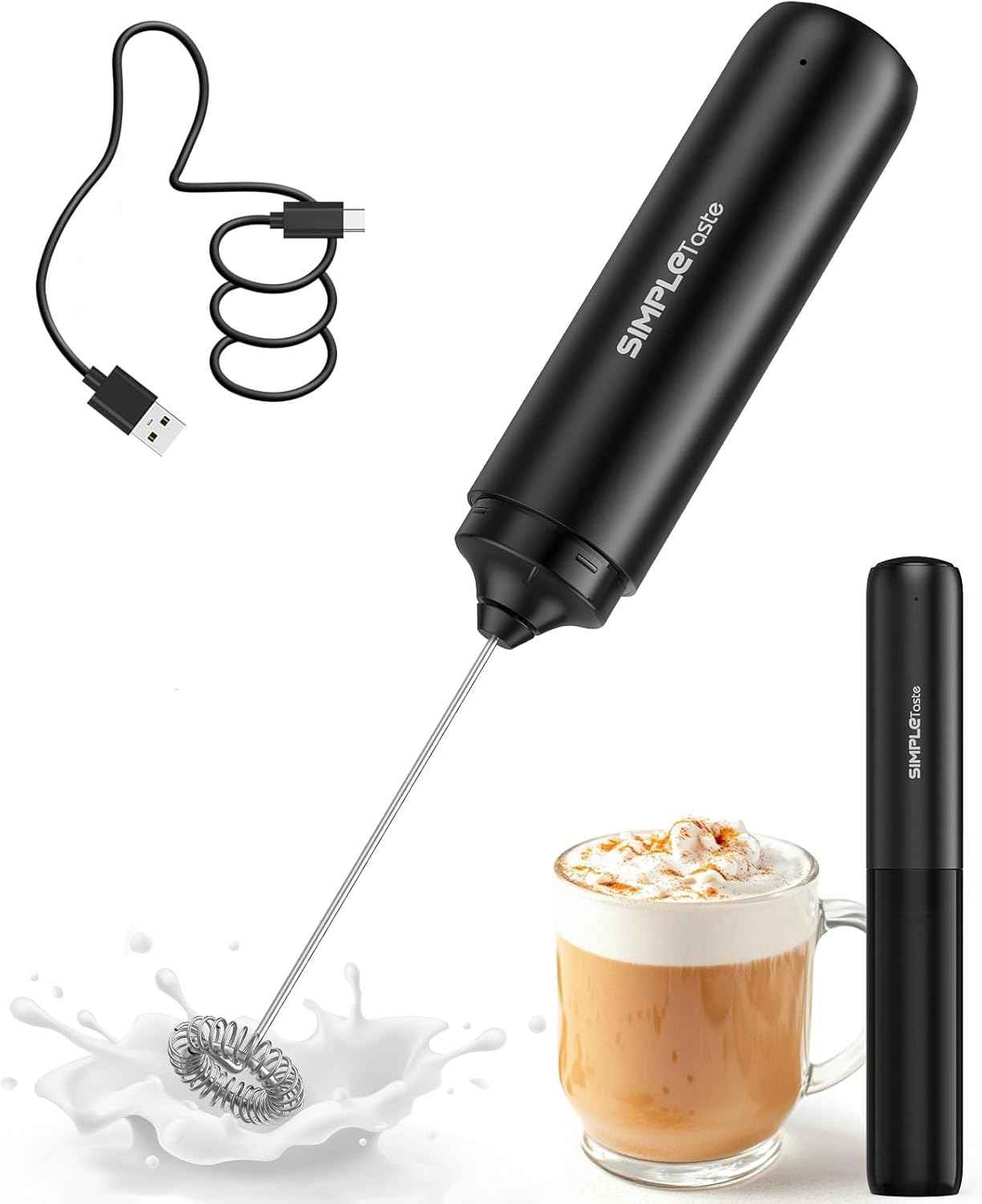 SIMPLETaste Milk Frother Handheld Battery Operated Electric Foam Maker, Drink Mixer with Stainless Steel Whisk and Stand for Cappuccino, Bulletproof Coffee, Latte